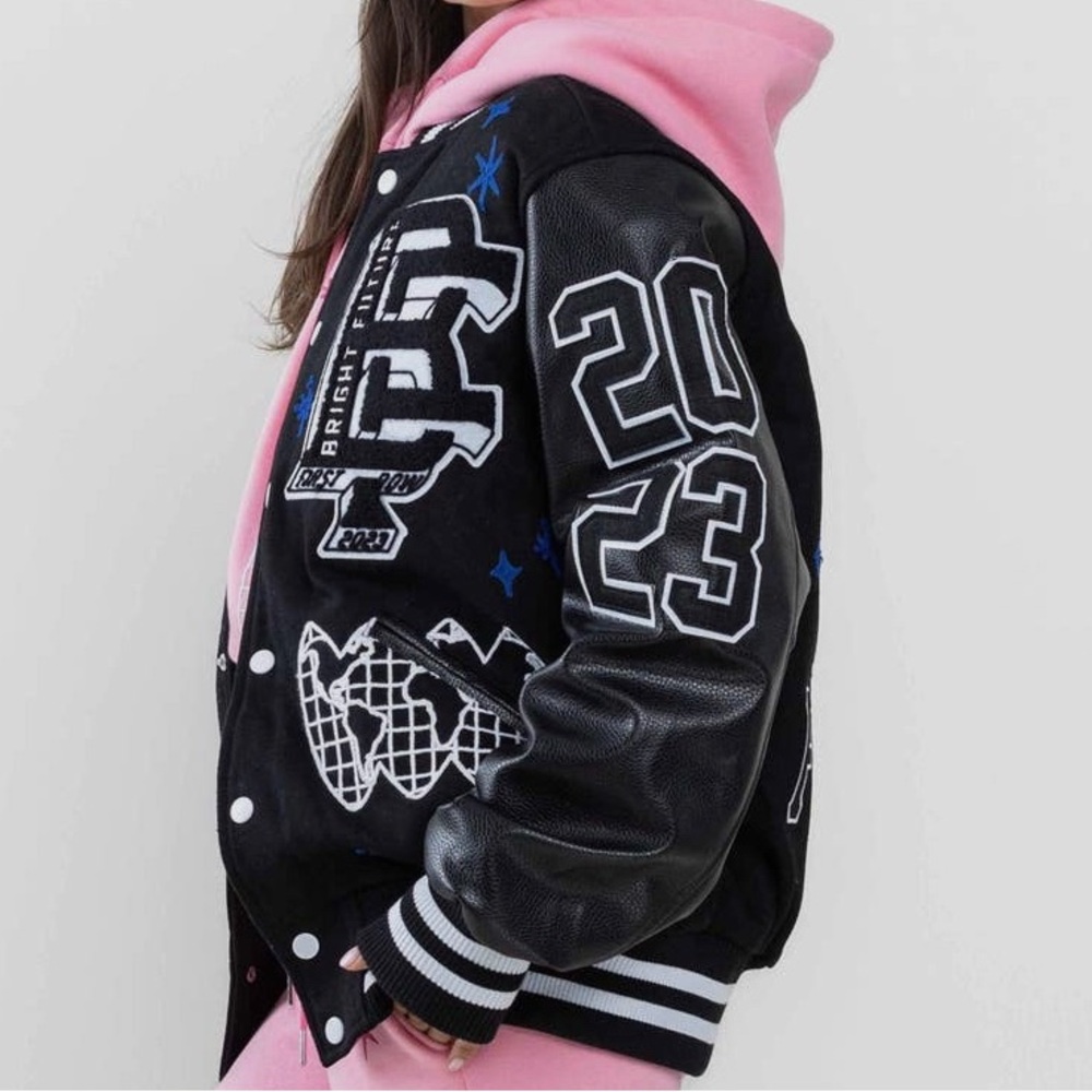 Black Varsity Jacket with Graphic Patches - Picture 4 of 7